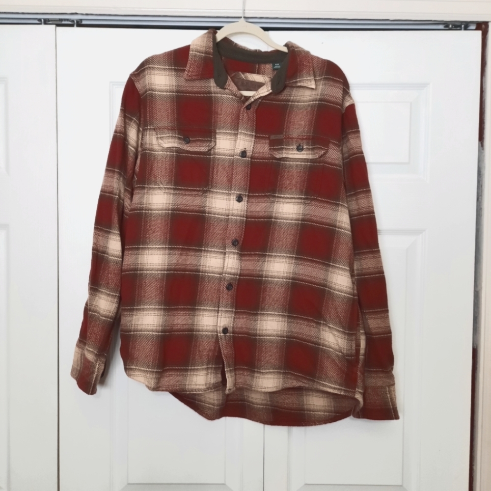Orvis Men's Red/Tan Plaid Heavyweight Flannel Shirt Jacket Shacket Size Medium